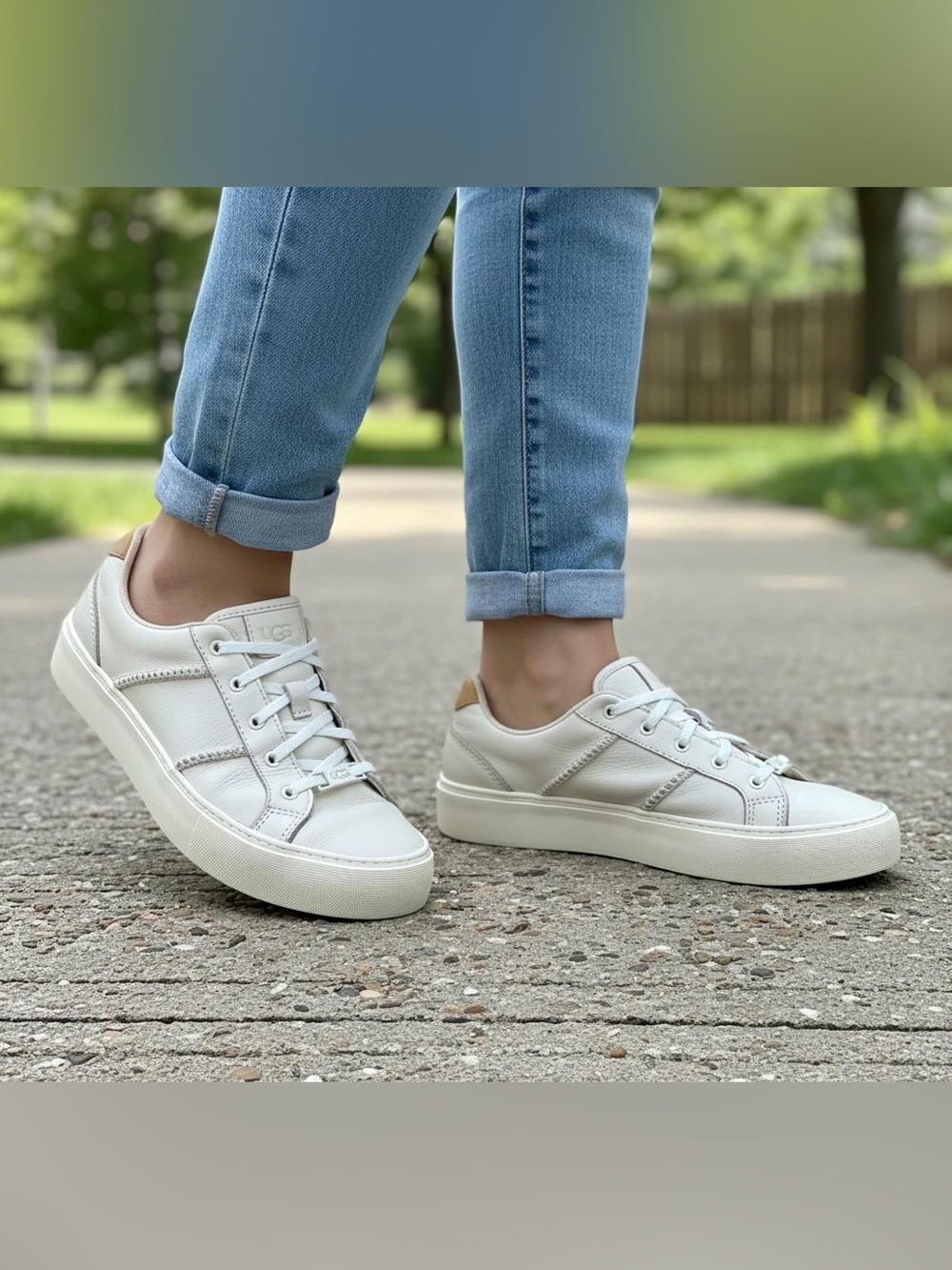 UGG Women’s Dinale White Leather Sneakers with Tan Heel Accent, Size 7.5